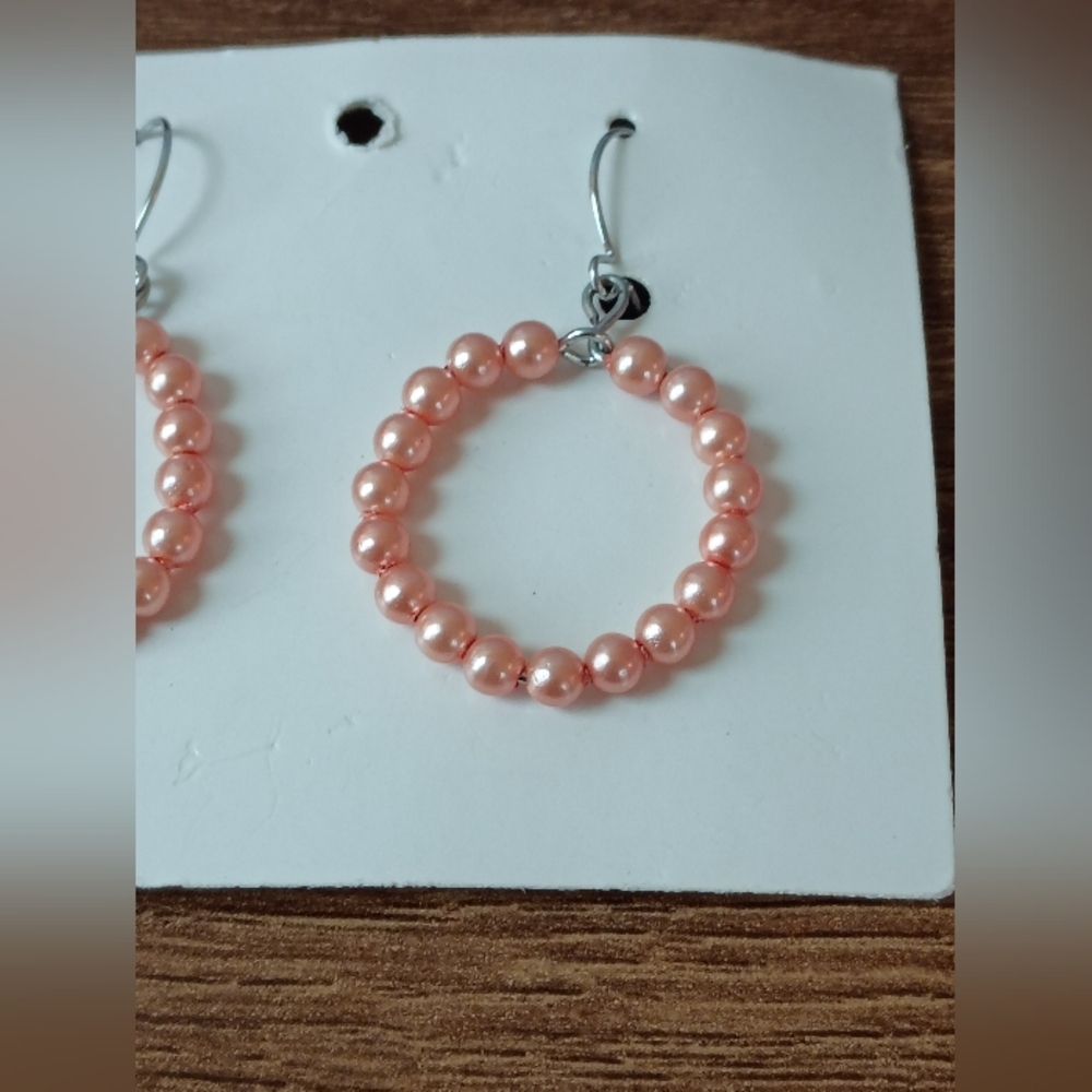 Coquette Pink Faux Pearl Beaded Dangle Hoop Drop Earrings Silver Tone - Picture 2 of 6